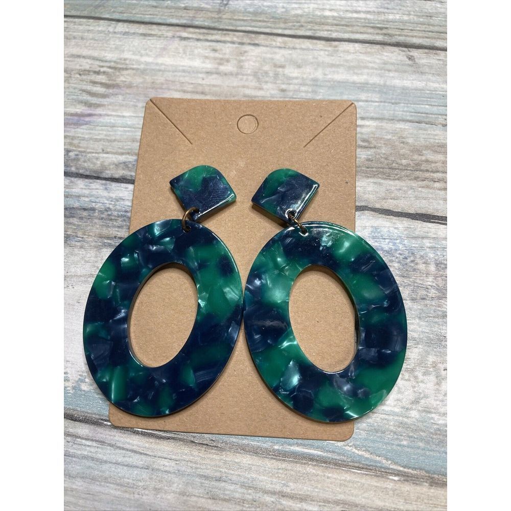 Oval Green Acrylic‎ Marbleized EARRINGS Large Drop Dangle 2.5"